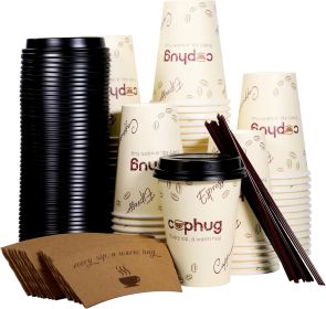 100 Pack 12 oz Coffee Cups,Disposable Hot Drink Paper Cups with Lids & Sleeves -12 Ounce Party Cups Perfect for Hot Beverages, Party, Office